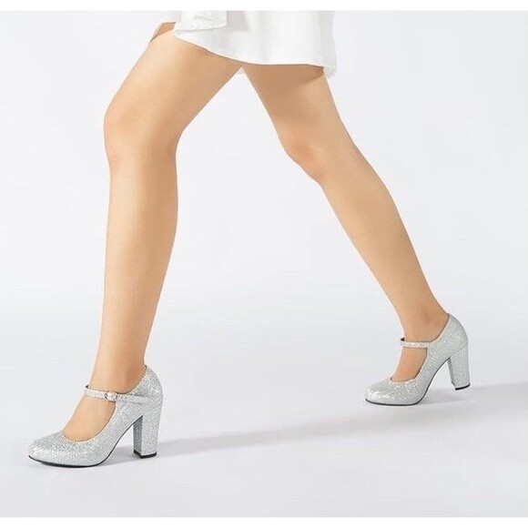Idifu Women's Silver Glitter  Mary Jane Heels Size 8 Chunky Heel Buckle NWOB - Picture 15 of 15